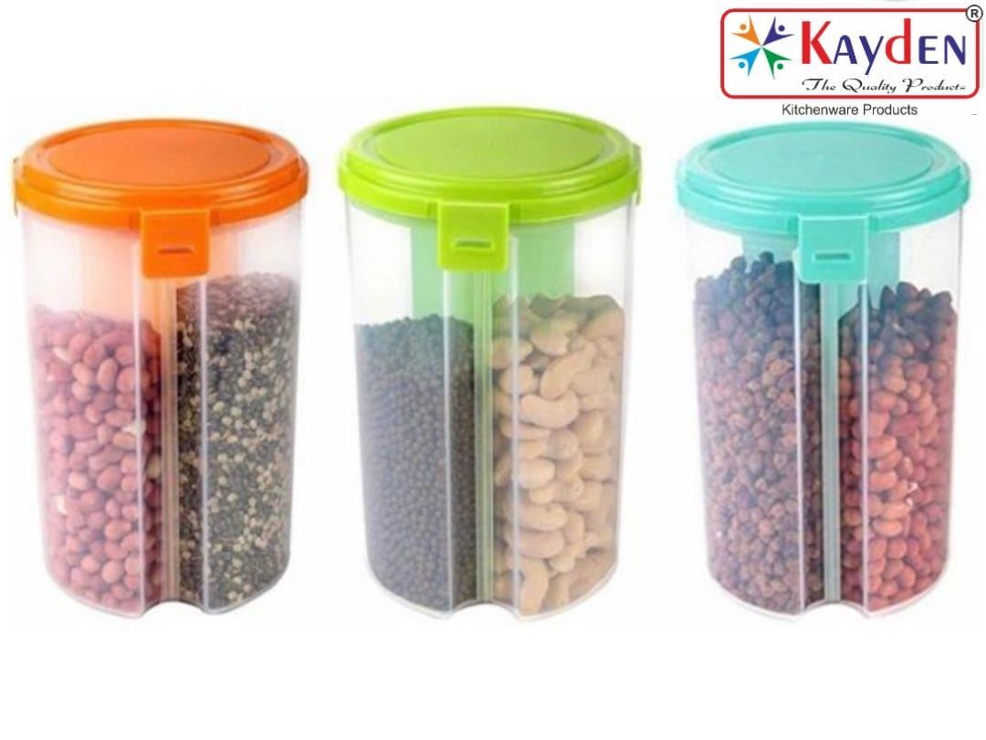 Kayden Plastic Made Transparent Type Round Shaped 3 Section Cereal Dispenser Cum Kitchen Food Storage Container