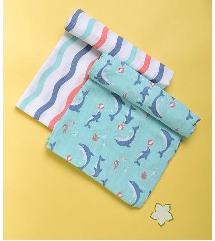 Kaarpas Ocean Dive 100% Premium Cotton Muslin Set of 2 Swaddles Dolphin & Dreamy Waves Baby Blanket Medium (KASW2033S) (Certified ORGANIC)