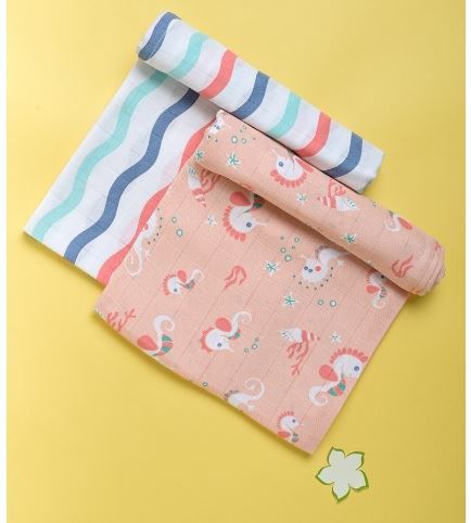 Kaarpas Ocean Dive 100% Premium Cotton Muslin Set of 2 Swaddles Seahorse & Dreamy Waves Baby Blanket Medium (KASW2036S) (Certified ORGANIC)