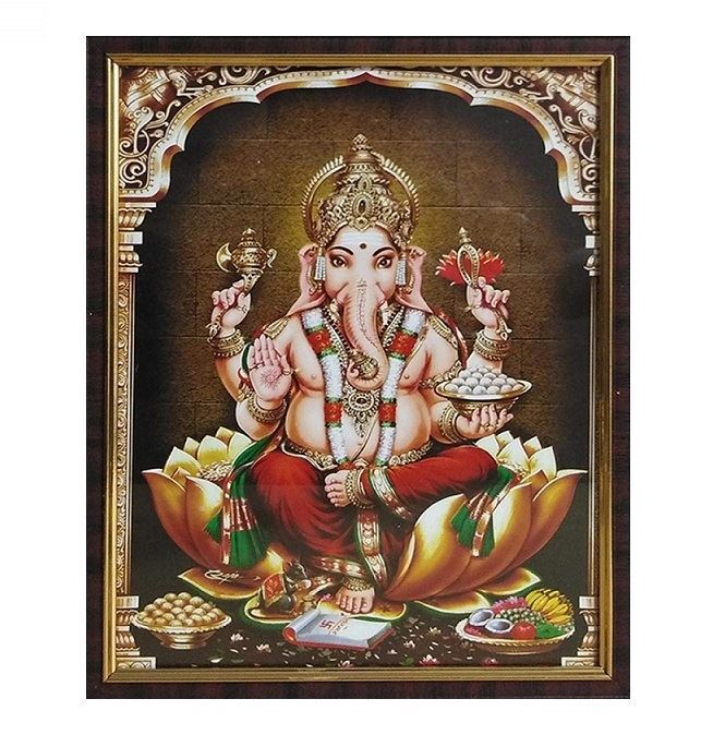 Ganesha God Photo Frame Wooden Matt Finish With Wall Hook