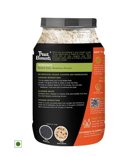 True Elements Rolled Oats Keeps you Full till Lunch 100% Wholegrain Gluten Free Oats High Fibre Breakfast Essentials