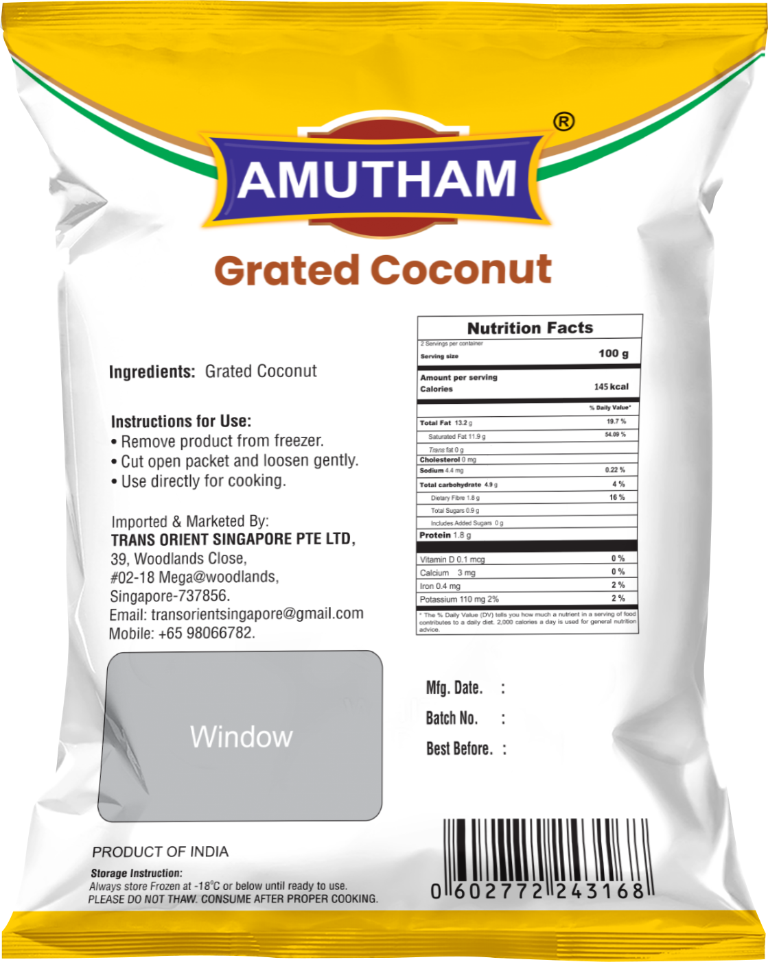 Amutham Frozen Grated coconut (Chilled) - 200 g