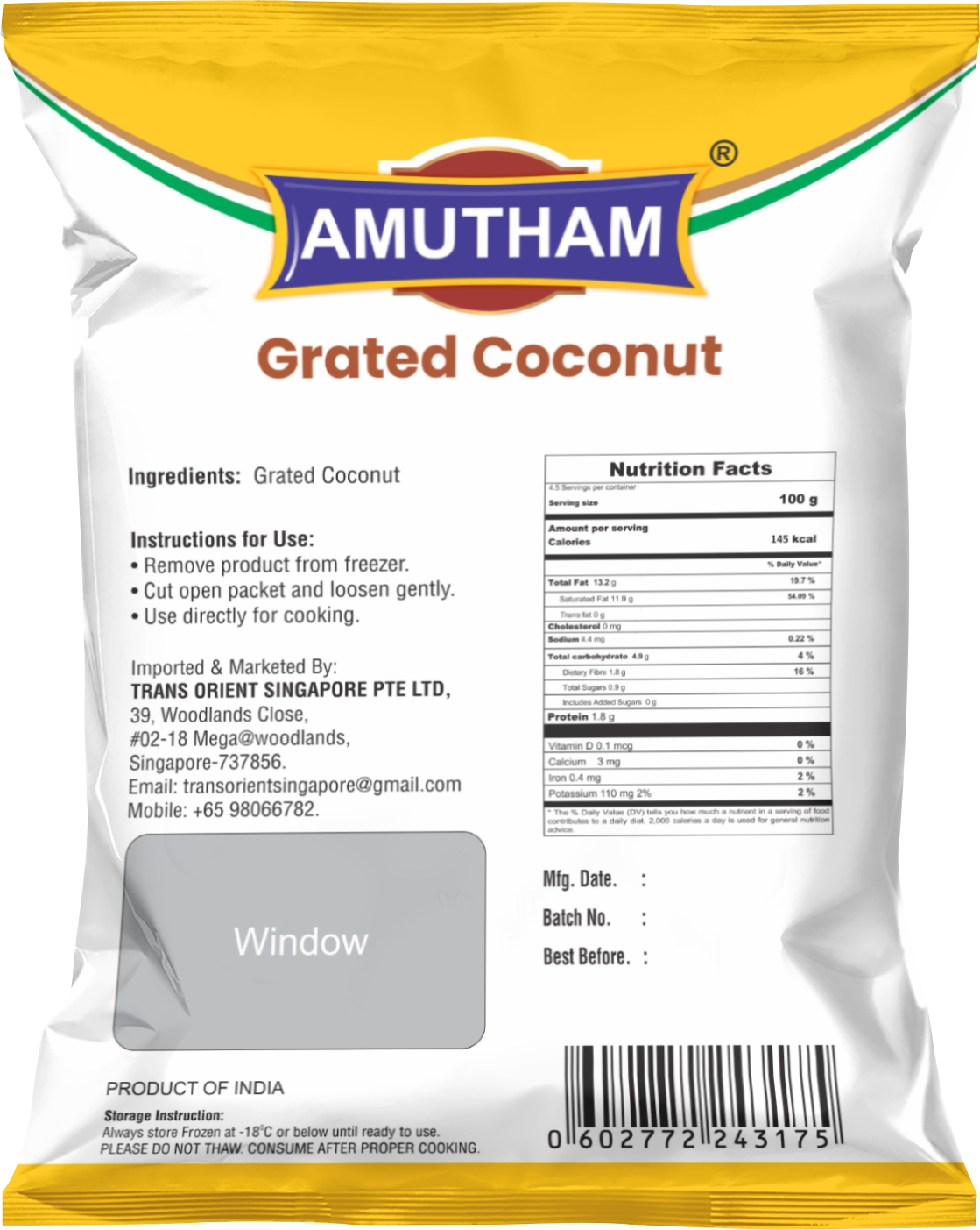 Amutham Frozen Grated coconut (Chilled) - 454 g