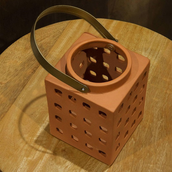 Ellementry Lupa Terracotta Square Lantern w/metal Handle Large For Kitchen/Gifting Purpose(TCDEA2964) - 1 Pc