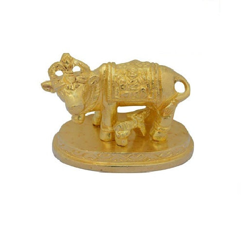 Brass Golden Kamdhenu Cow With Calf Idol Gold Plated Specially From Nachiyarkovil Kumbakonam - 2 Inch
