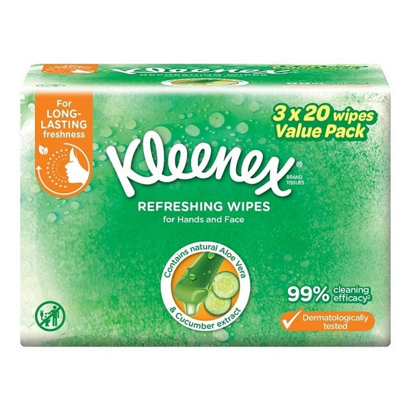 KLEENEX Refreshing Hand and Face Moist Wipes - 3 x 20 Sheets