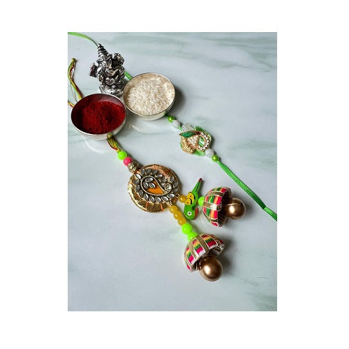 Premium Bhai Bhabhi Set with Parrot Kundan Lumba and Zardosi Rakhi - 1 Set
