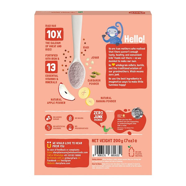 Slurrp Farm Ragi & Apple Cereal with No Sugar Real Apple & Banana Instant Cereal Cereal with No Milk No Preservatives - 200 g