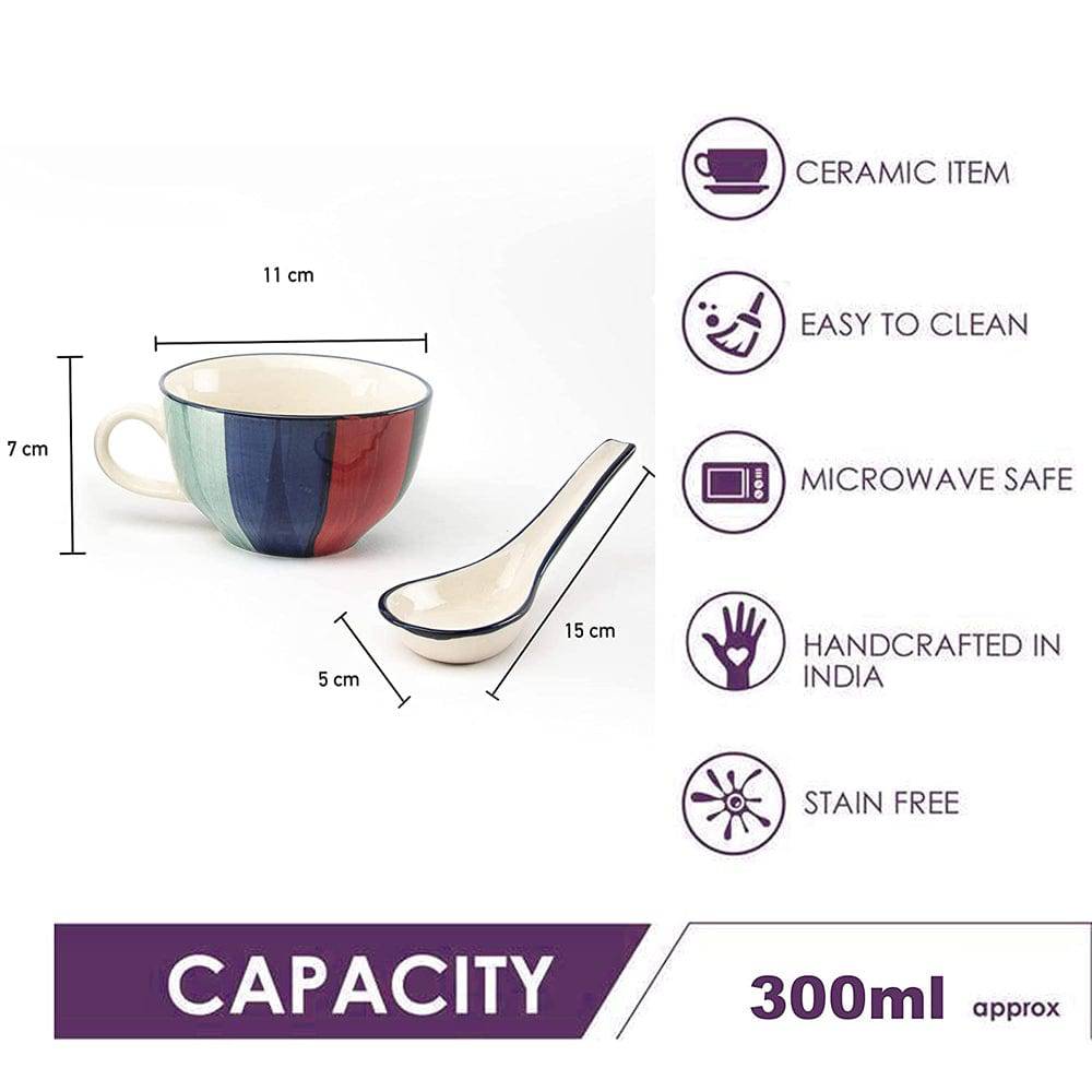 Hand Printed Ceramic Soup Bowl with Spoon - Set of 4