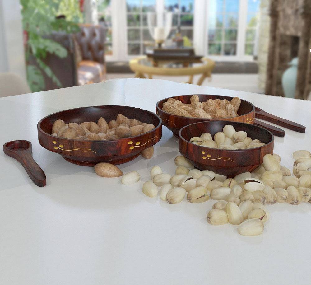 Wooden Brown Bowl with Spoons - Set of 3