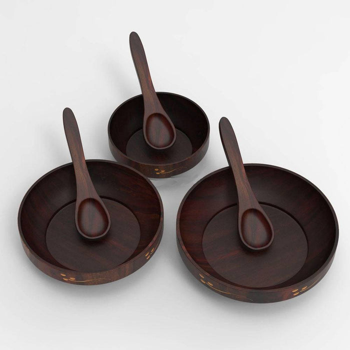 Wooden Brown Bowl with Spoons  - Set of 3