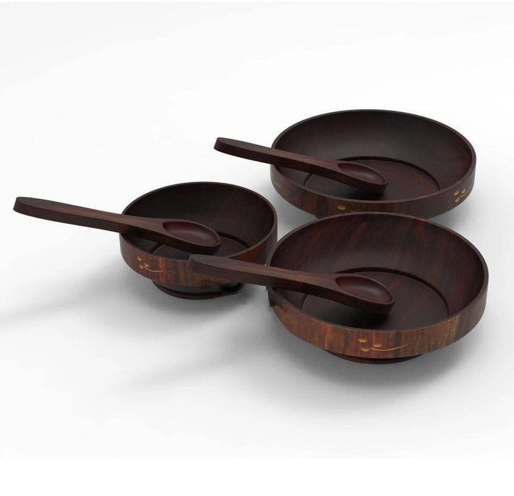 Wooden Brown Bowl with Spoons  - Set of 3