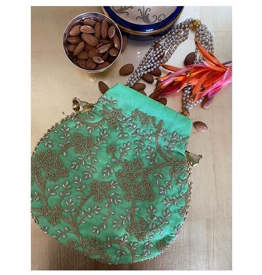 Designer Raw Silk Potli Bag With Golden Zari & Thread Embroidery Work PISTA Colour for Gifting (Ganesh Puja Navratri & Diwali) 