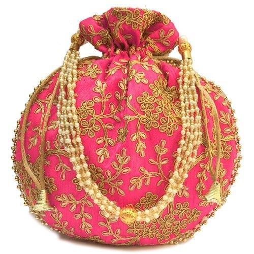 Designer Raw Silk Potli Bag With Golden Zari & Thread Embroidery Work PINK Colour for Gifting (Ganesh Puja Navratri & Diwali)