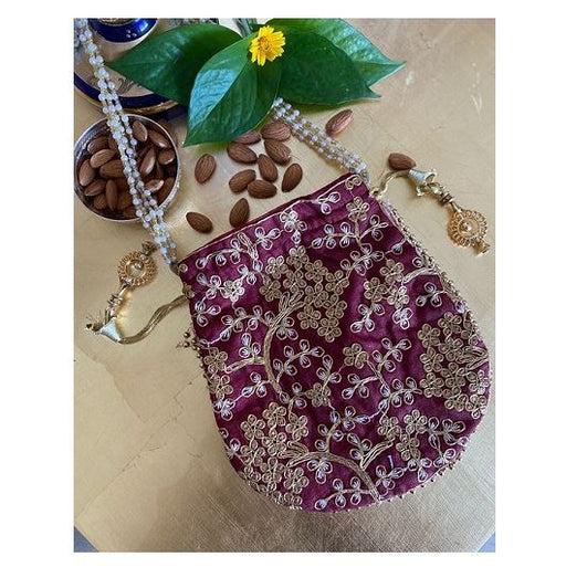 Designer Raw Silk Potli Bag With Golden Zari & Thread Embroidery Work MAROON Colour  for Gifting (Ganesh Puja Navratri & Diwali)