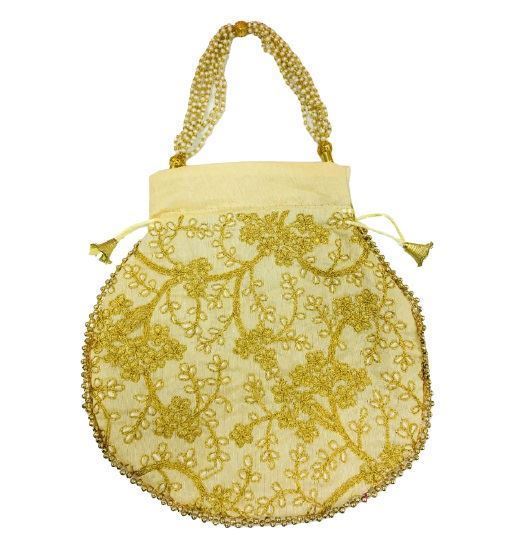 Designer Raw Silk Potli Bag With Golden Zari & Thread Embroidery Work IVORY Colour for Gifting (Ganesh Puja Navratri & Diwali)