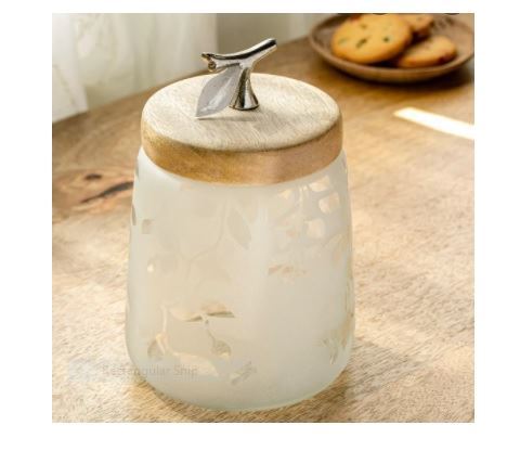 Ellementry Twigy Frosted Glass Jar With Wooden Lid For Kitchen/Gifting Purpose/Tableware