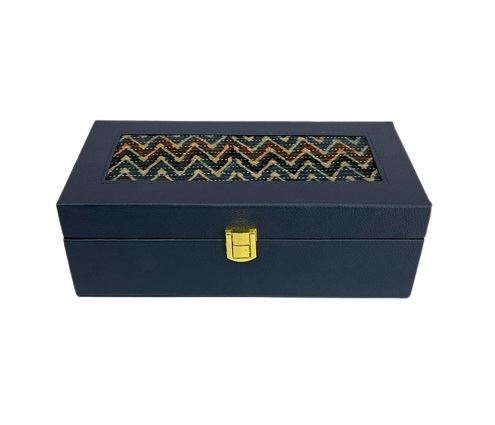 Ikkat Design Wrist Watch Storage Organiser Leather Case Box Blue & Black Mountain Design