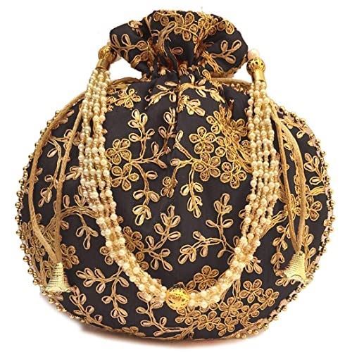 Designer Raw Silk Potli Bag With Golden Zari & Thread Embroidery Work BLACK Colour For Gifting (Ganesh Puja Navratri & Diwali)
