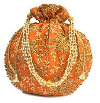 Designer Raw Silk Potli Bag With Golden Zari & Thread Embroidery Work ORANGE Colour For Gifting (Ganesh Puja Navratri & Diwali)