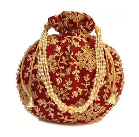 Designer Raw Silk Potli Bag With Golden Zari & Thread Embroidery Work MAROON Colour  for Gifting (Ganesh Puja Navratri & Diwali)