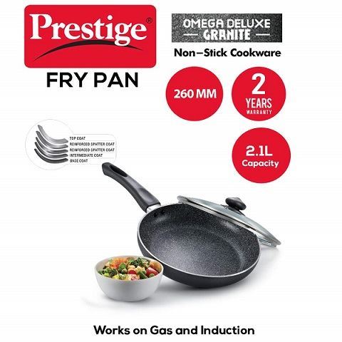 Prestige Omega Deluxe Granite Non Stick Fry Pan With Glass Lid Black
