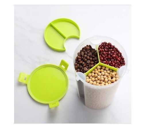 Kayden Plastic Made Transparent Type Round Shaped 3 Section Cereal Dispenser Cum Kitchen Food Storage Container