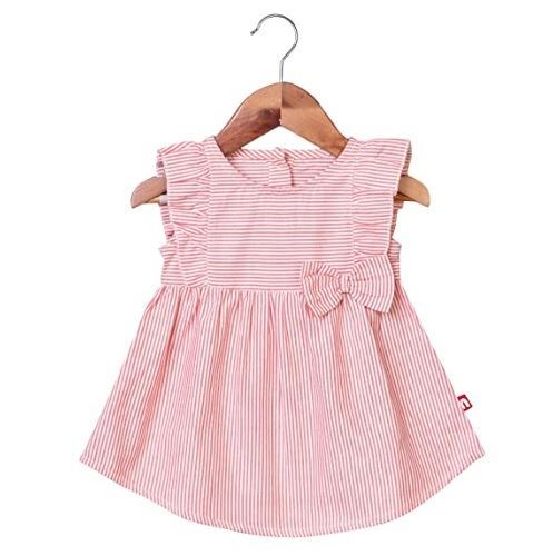 Nino Bambino 100% Organic Cotton White N Red Striped Sleeveless Ruffle Bow Dress For Baby Girls (Certified ORGANIC)