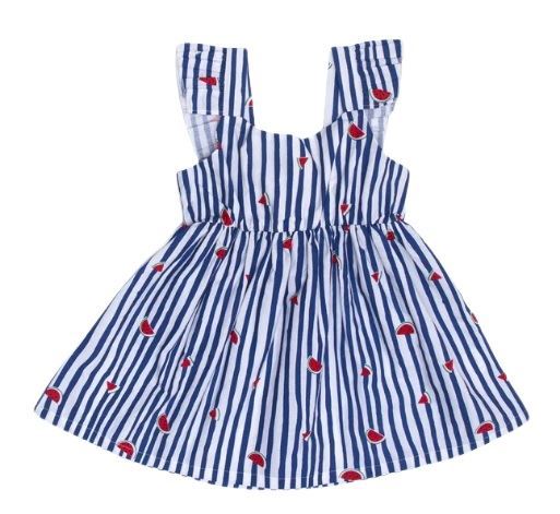 Nino Bambino 100% Organic Cotton Blue Horizontal Striped With Watermelon Designed Sleeveless Dress For Baby & Kid Girls (Certified ORGANIC)