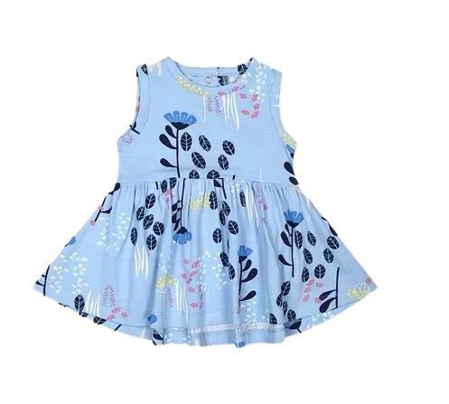 Nino Bambino 100% Organic Cotton Aqua Blue Leaves & Floral Sleeveless Frock For Baby Girls (Certified ORGANIC)