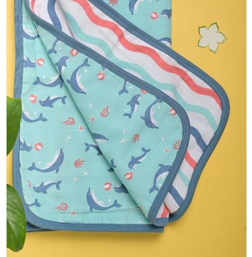 Kaarpas Ocean Dive 100% Premium Cotton Muslin 3 Layered Blanket Delphi The Dolphin Baby Blanket Medium (KABL1031S) (Certified ORGANIC)
