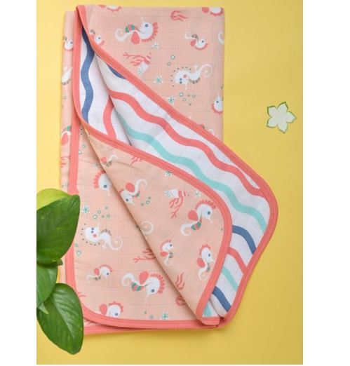 Kaarpas Ocean Drive 100% Premium Cotton Muslin 3 Layered Blanket Spiny the Seahorse & Waves Baby Blanket Medium (KABL1033S) (Certified ORGANIC)
