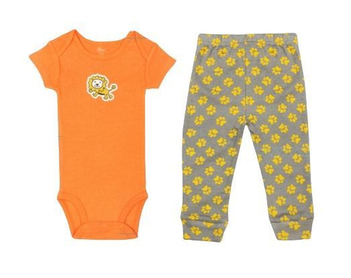 Kaarpas 100% Premium Organic Cotton 2 Piece Lion & Paws Print Bodysuit Onesie & Pant Set Orange With Grey & Yellow (KAON1011) (Certified ORGANIC)