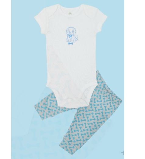 Kaarpas 100% Premium Organic Cotton 2 Piece Dog & Bones Print Baby Bodysuit Onesie Pant Set White & Grey With Blue (KAON1006) (Certified ORGANIC)