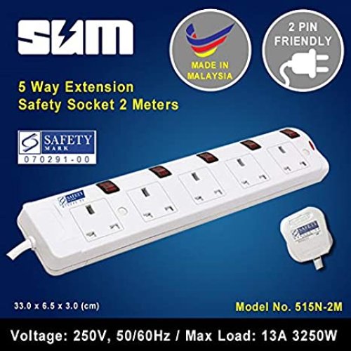 Sum 5 Way 250V Extension Safety Socket
