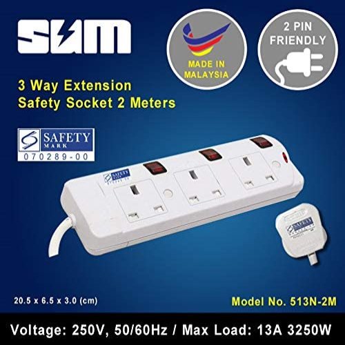 Sum 3 Way 250V Extension Safety Socket