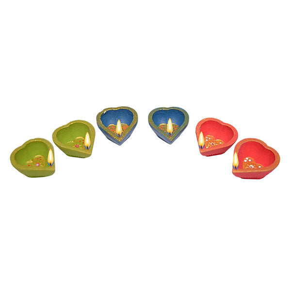 Teracotta Multi Coloured Heart Shaped Diya - Set Of 6