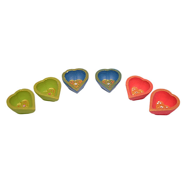 Teracotta Multi Coloured Heart Shaped Diya - Set Of 6