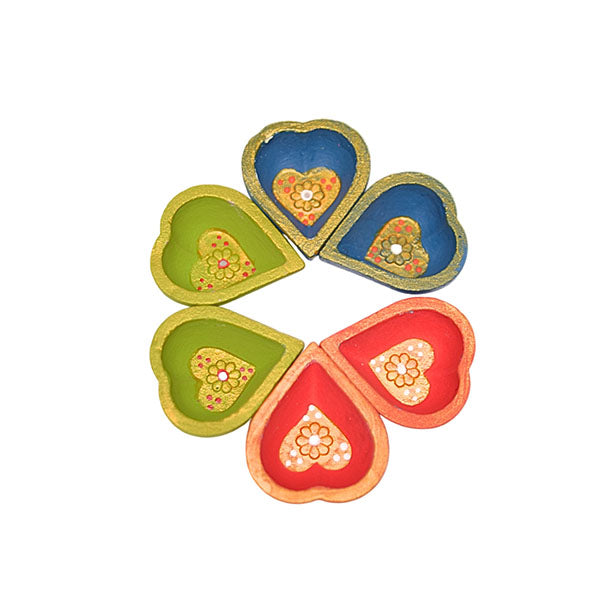 Teracotta Multi Coloured Heart Shaped Diya - Set Of 6