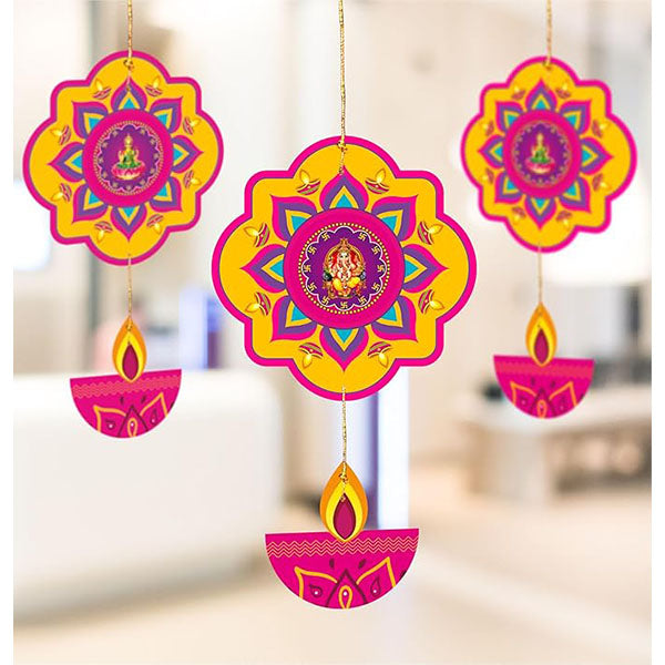 TOYXE Happy Diwali Ganesh Printed with Hanging Deepak Paper Decoration items for Office Shops Home Decotation - Set of 10