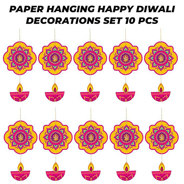 TOYXE Happy Diwali Ganesh Printed with Hanging Deepak Paper Decoration items for Office Shops Home Decotation - Set of 10