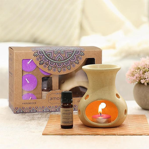 Giri Amogha Ceramic Lavender Camphor Fragrance Vaporizer With 4 Tealights with oil - 1 Box