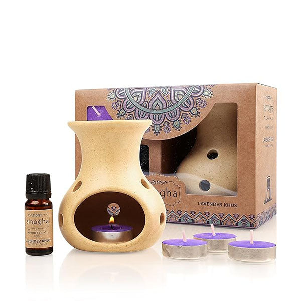 Giri Amogha Ceramic Lavender Camphor Fragrance Vaporizer With 4 Tealights with oil - 1 Box