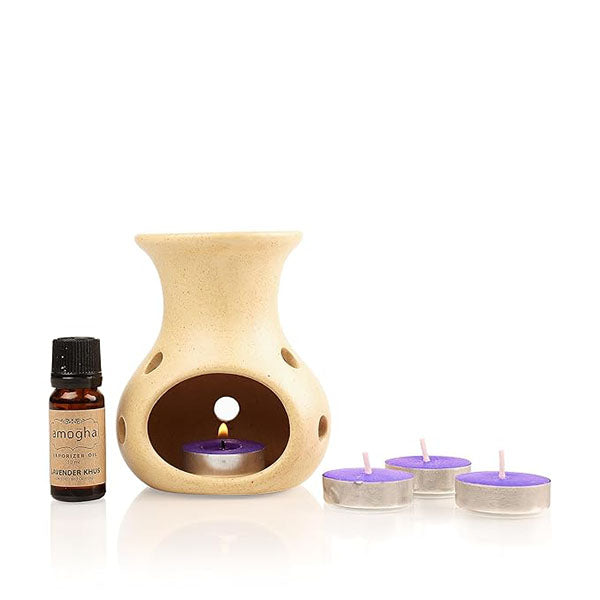 Giri Amogha Ceramic Lavender Camphor Fragrance Vaporizer With 4 Tealights with oil - 1 Box