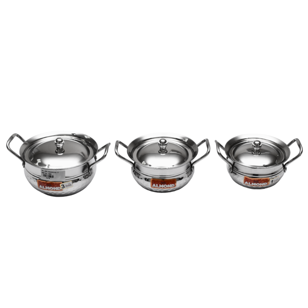 Stainless Steel Hammered Handi With Handle - Set of 3