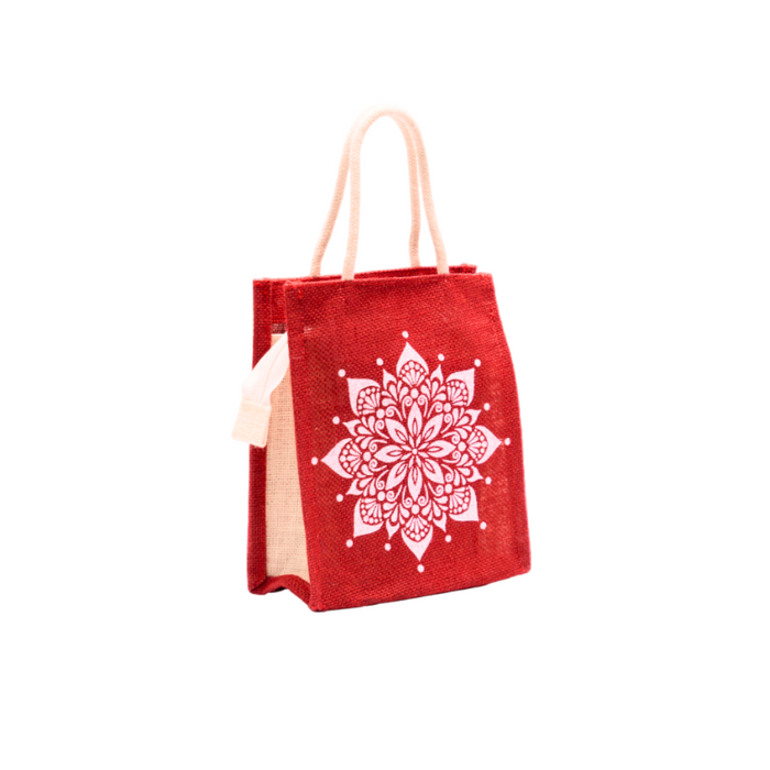 Jute bag Flowers Red Colour With Zip - 1 Pc (8w x 9h x 4s)