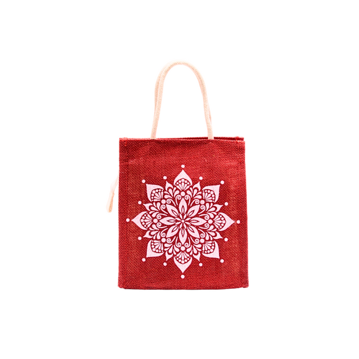 Jute bag Flowers Red Colour With Zip - 1 Pc (8w x 9h x 4s)