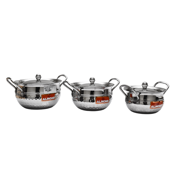 Stainless Steel Hammered Handi With Handle - Set of 3