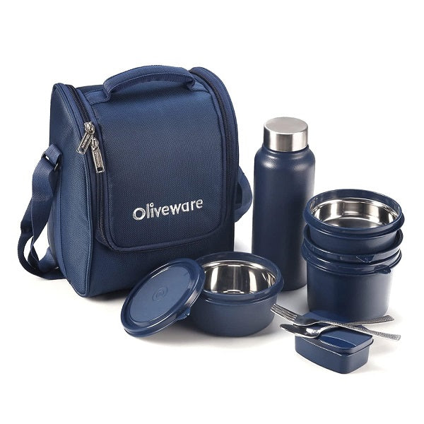 Oliveware Teso Pro Lunch Box with Steel Cutlery 3 Microwave Safe Inner Steel Containers with Lids Plastic Pickle Box & Steel Water Bottle - 1 Pc