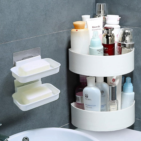 Wolpin Plastic Wall Shelves (2 Pc With 2 Soap Cases) Round Corner Kitchen Bathroom Shelf Self Adhesive Sticker Hooks Multipurpose Wall Holder Bathroom Storage Rack Box Strong Shower Rack Shelf White - 1 Set